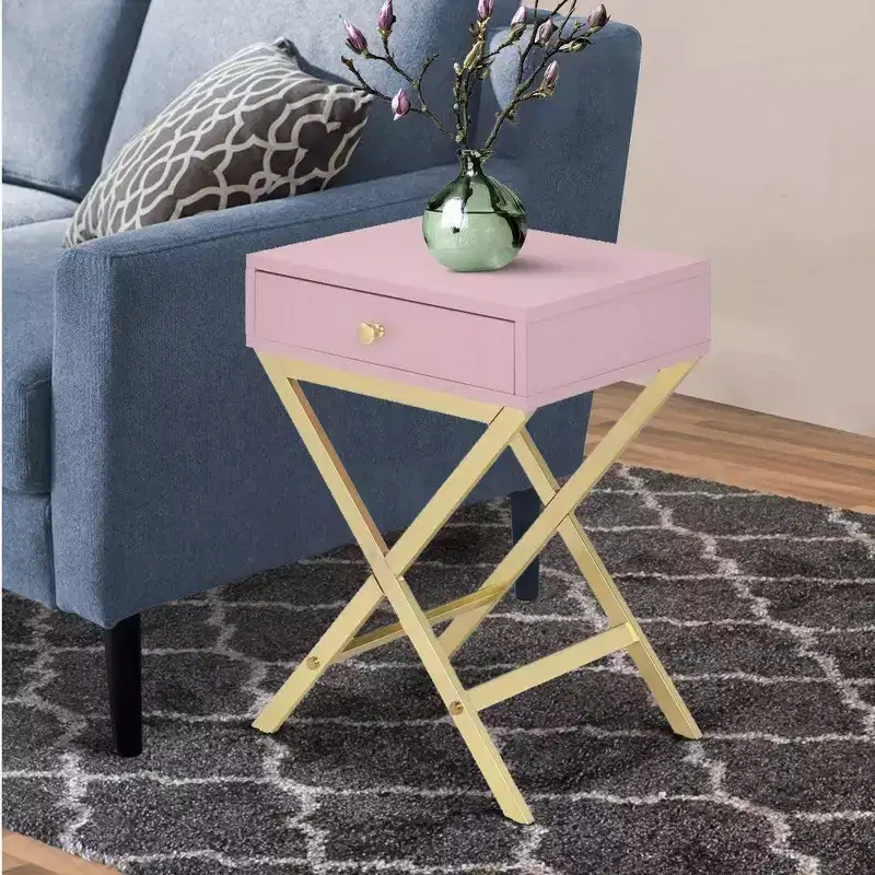Metal Side Table with Crossed Base, Pink and Gold