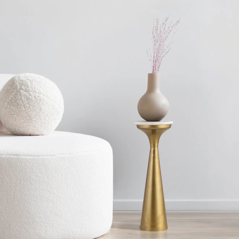 Vince 22.25 Mid-Century Glam Retro Metal Drink Table with Marble Top, Gold/White, by JONATHAN Y