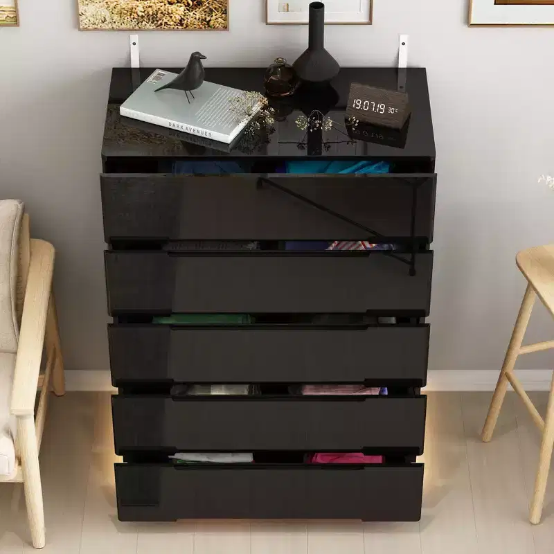 Hitow High Gloss 5 Drawer Dresser with Underlight Concealed Handle Chest of Drawers