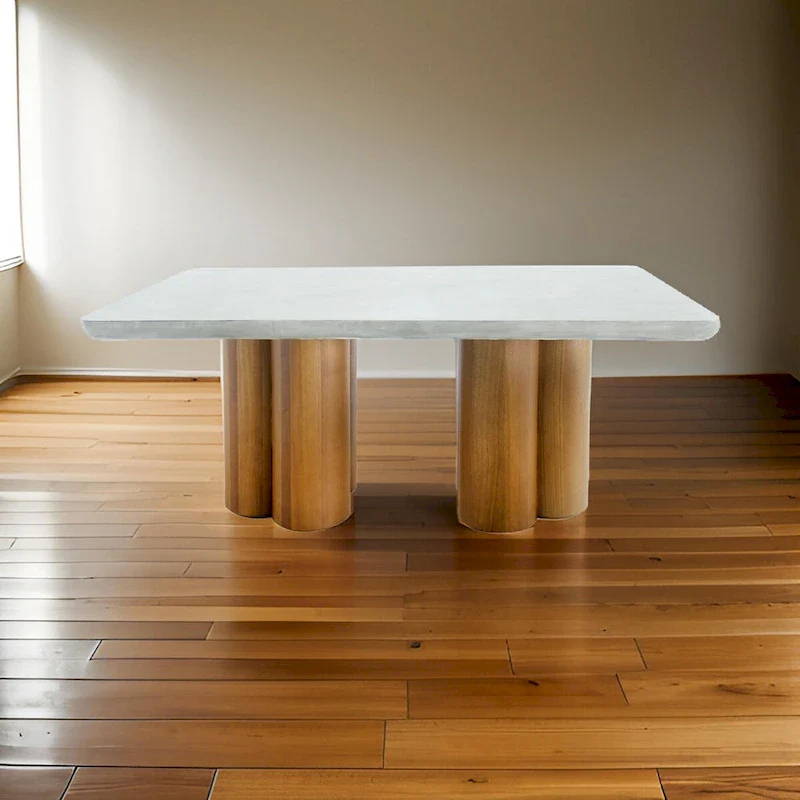 Cid Ziv 71 Inch Dining Table, Rectangular Gray Faux Concrete, Pillar Base