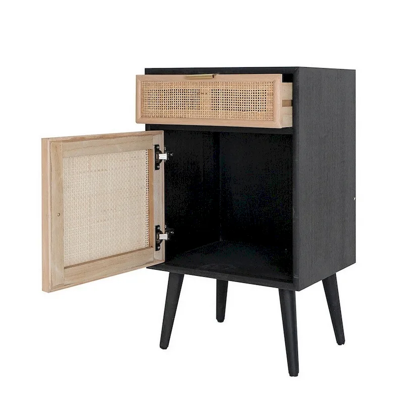 28 Inch Accent Cabinet, 1 Drawer, Pine, Woven Rattan Design - 28 H x 13.5 W x 16.5 L Inches