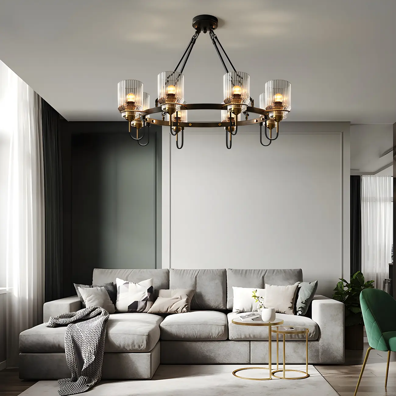 Modern Industrial Black Cylinder Glass Hoop Chandelier