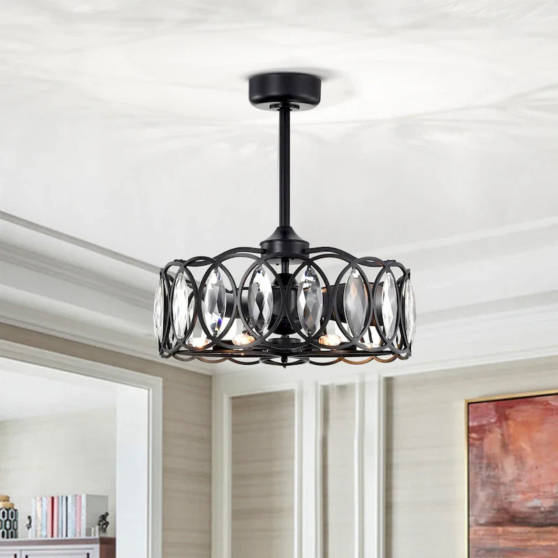 Dakanda 24 Inch Matte Black finish 6 Light, 3 Blade Crystal Ceiling Fandelier with Remote