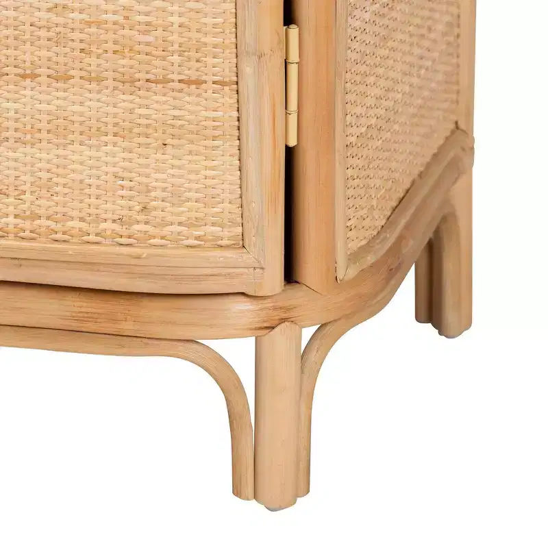 Natural Rattan Nightstand, Brown, Single Door with 2 Shelves