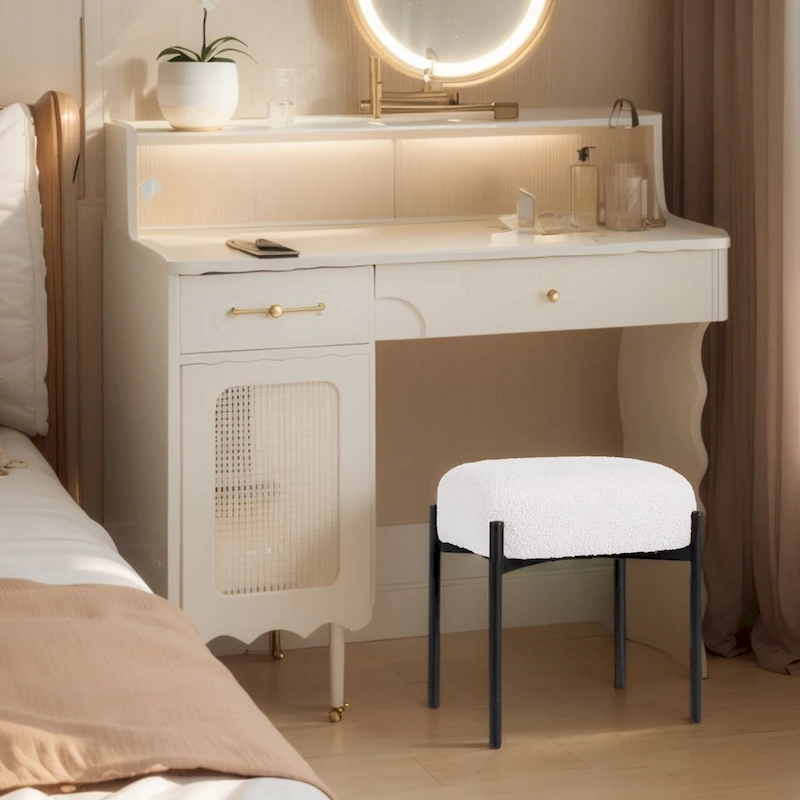 Faux Teddy Fur Round Vanity Stool, Ottoman Foot Stool