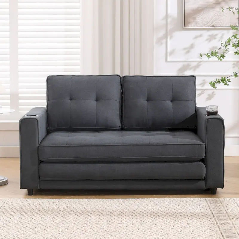 Oaks Aura Upholstered Futon Sofa with Pull-Out Sleeper Couch, Muticolour Choice Foldable Tufted Loveseat With Cup Holder