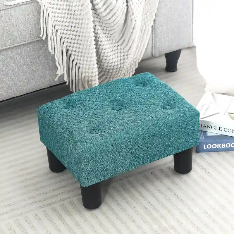 Adeco Button Tufted Linen Foot Stool Rectangular Small Ottoman