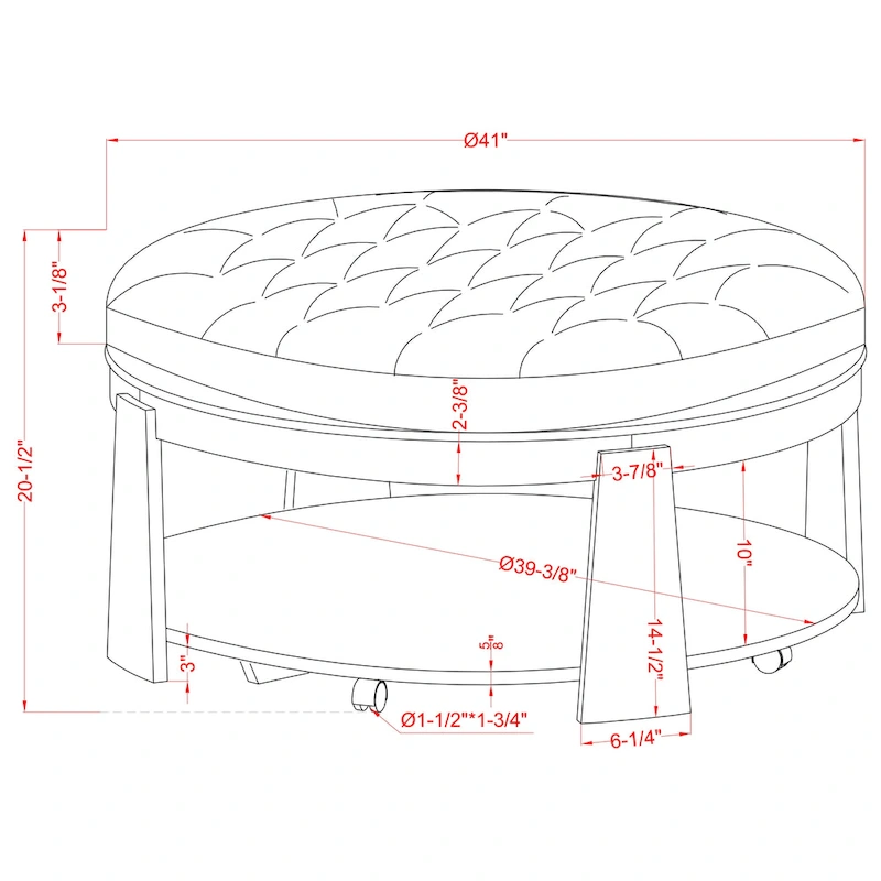 Geoffrey Transitional Round Natural Wood Open-Shelf Tufted Ottoman with Wheels by Furniture of America