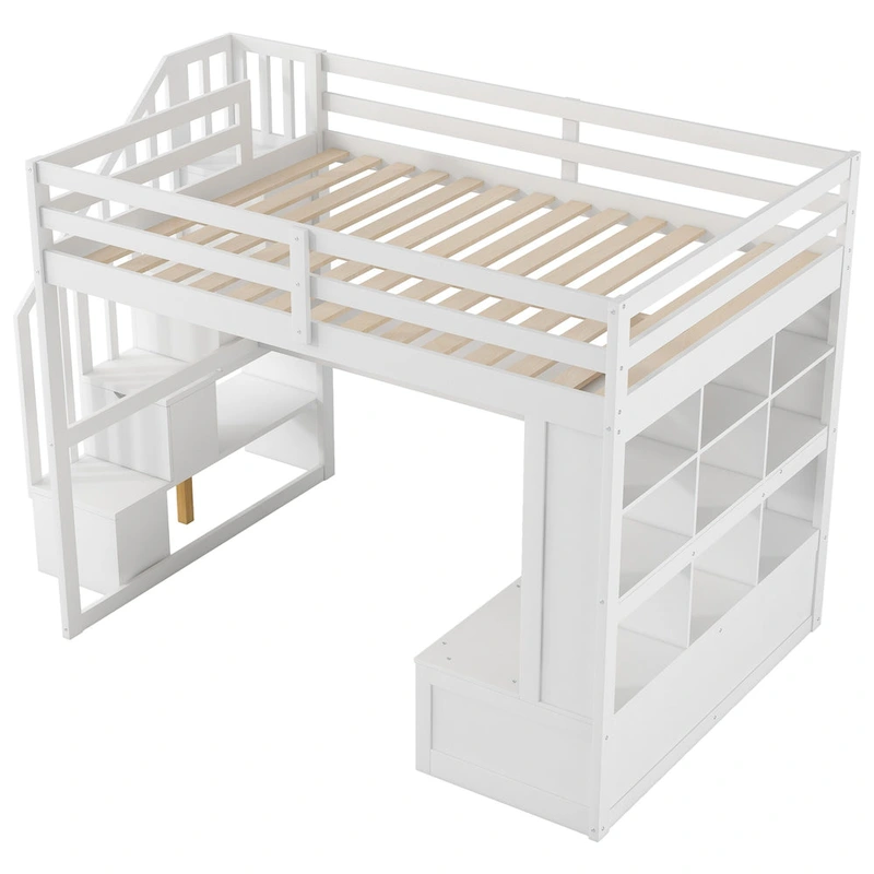 White Full Solid Wood Loft Bed with Desk & Drawers