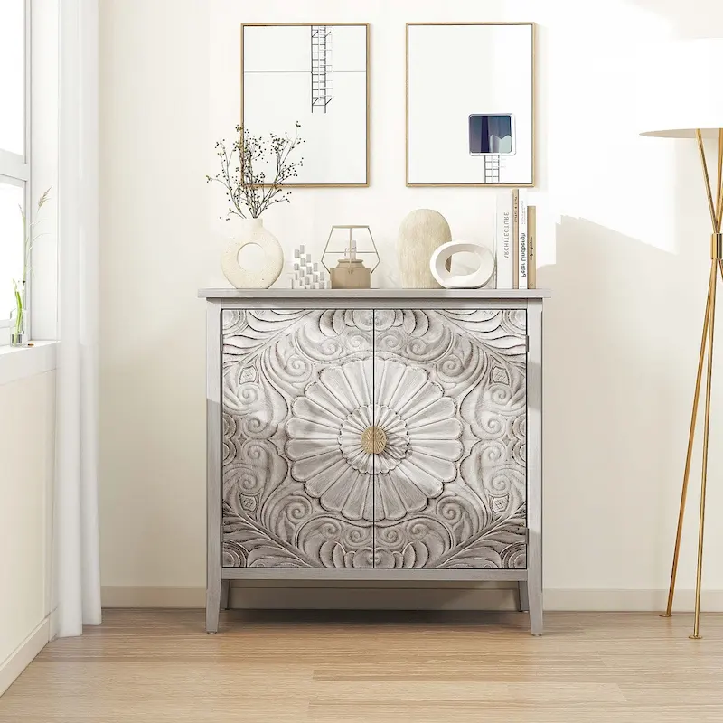 Grey 2-Door Cabinet with Relief Panel Doors, Gold Handles & Adjustable Shelf