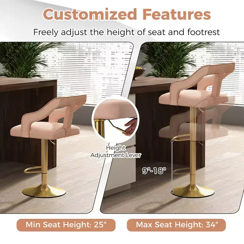 Costway Set of 2 Swivel Bar Stool with Footrest, 2-Layer Electroplated Metal Base Pink