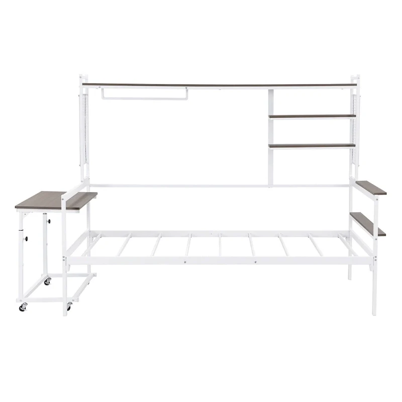Versatile Daybed with Movable Desk, Metal Sofa Bed Frame with Metal Grid, Shelves and Clothes Hanger, No Box Spring Needed