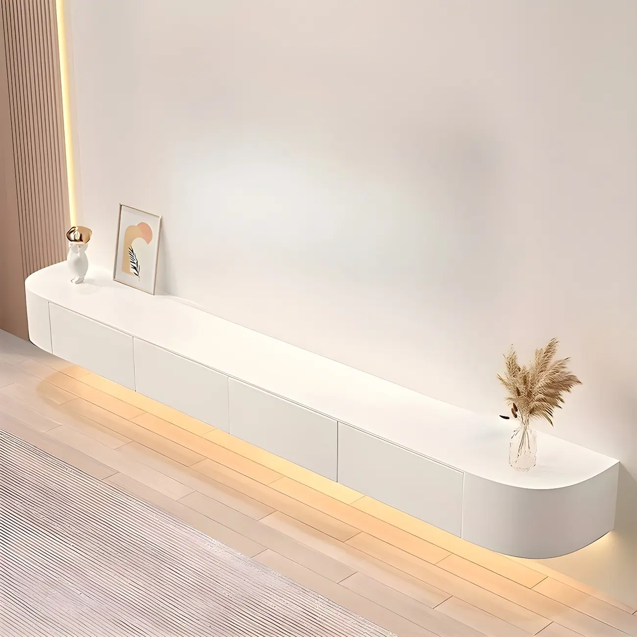 Glam Wooden Floating TV Stand in White with Drawers & Shelves