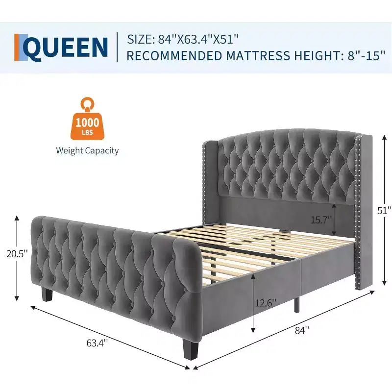 Gray Velvet Wingback Platform Bed – King, Sleeps 1