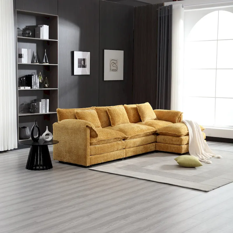 Yellow 112.2 L-Shaped 4-Seat Sectional Sofa in Modern Boucle Fabric with Removable Cushions and Detachable Armrests