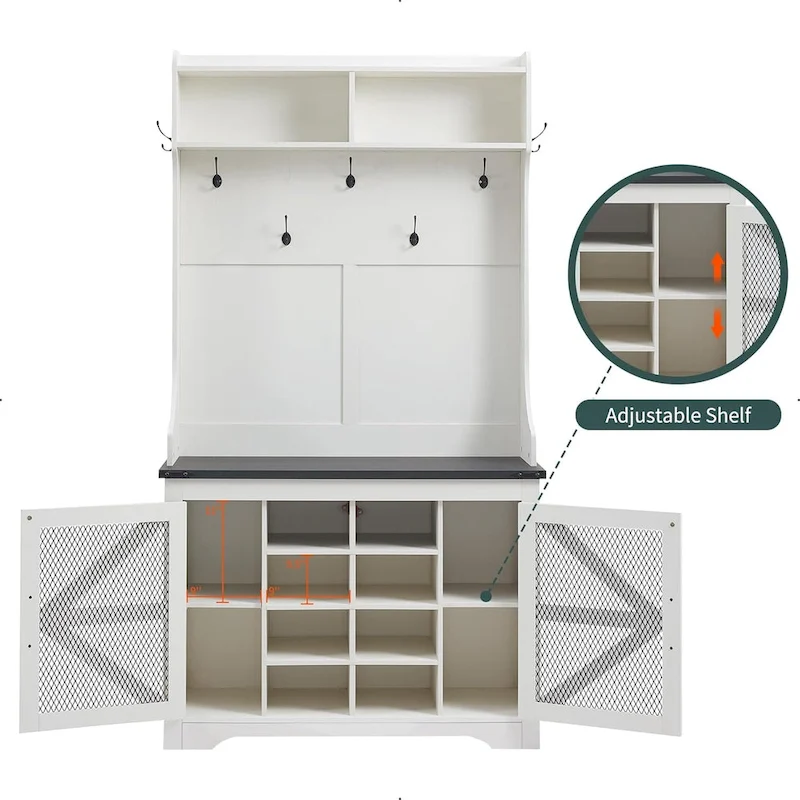 42  Wide Farmhouse Entryway Bench with Coat Rack, Mudroom Cabinet