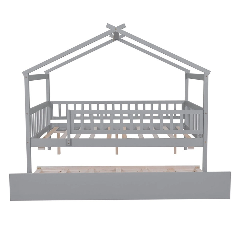 Full Pine House Bed with Twin Trundle, Guardrail