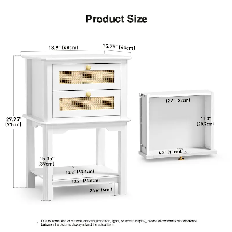 Modern 27.95 H Tall 2-Drawer White Nightstand Wood Rattan Side End Table for Bedroom with Storage Shelf