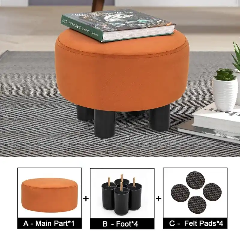 Round Ottoman Velvet Footrest Stool Modern Padded Seat Footstool