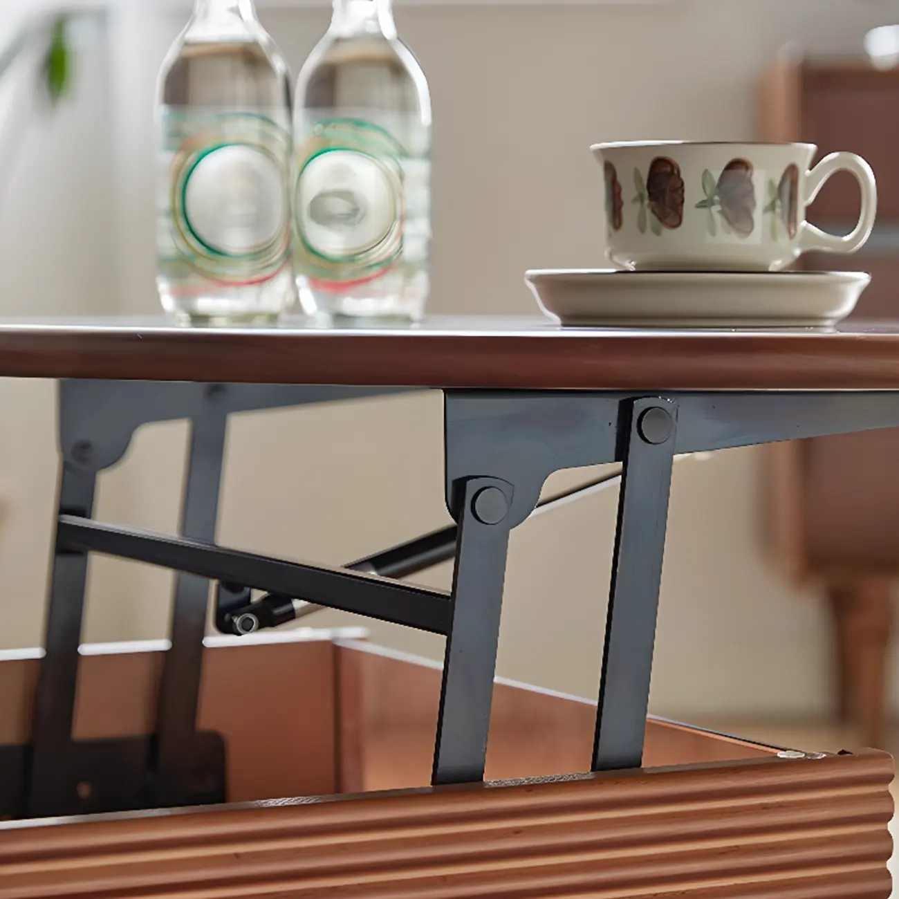 Adjustable Walnut Wood Flower Shaped Coffee Table with Wheels