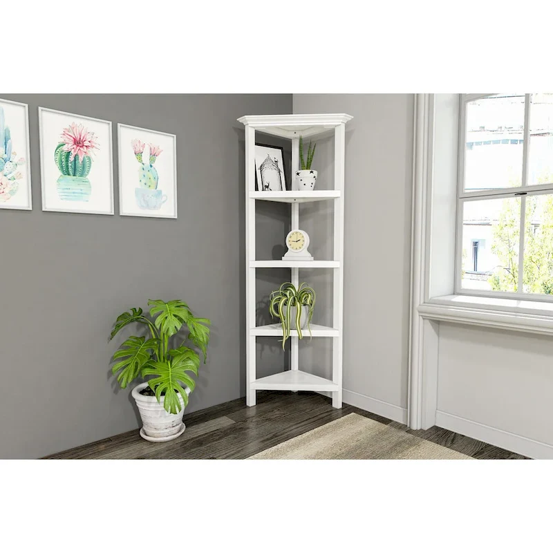 Edenton Tall Wood Corner Bookcase with 4 Shelves, White
