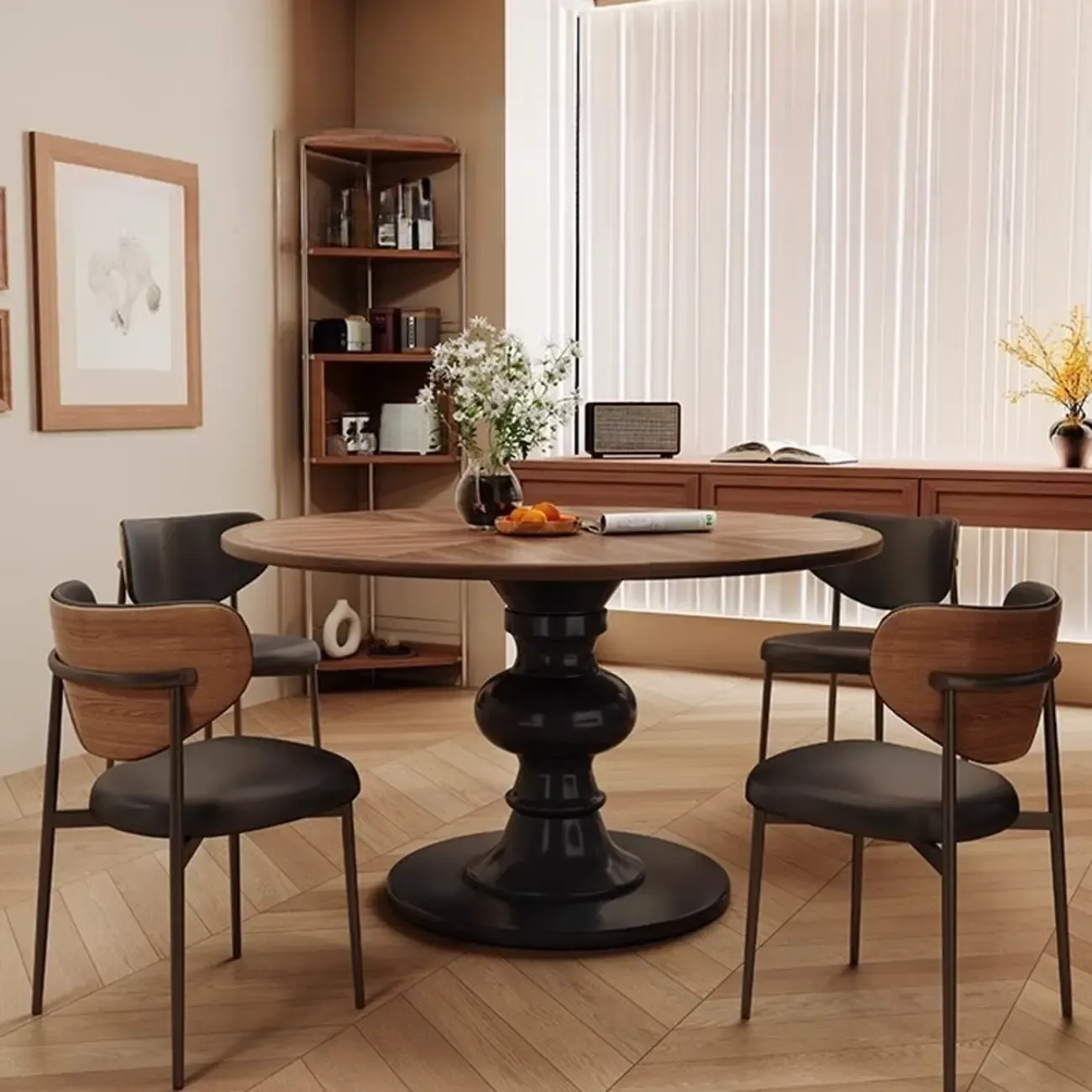 Art Deco Circular Dining Table with Brown Natural Wood Fixed Tabletop