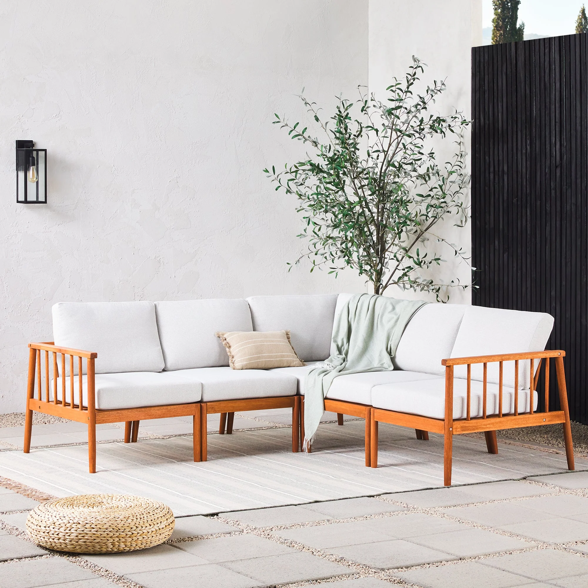 Modern 5-Piece Spindle Solid Wood Outdoor L-Shaped Sectional Set