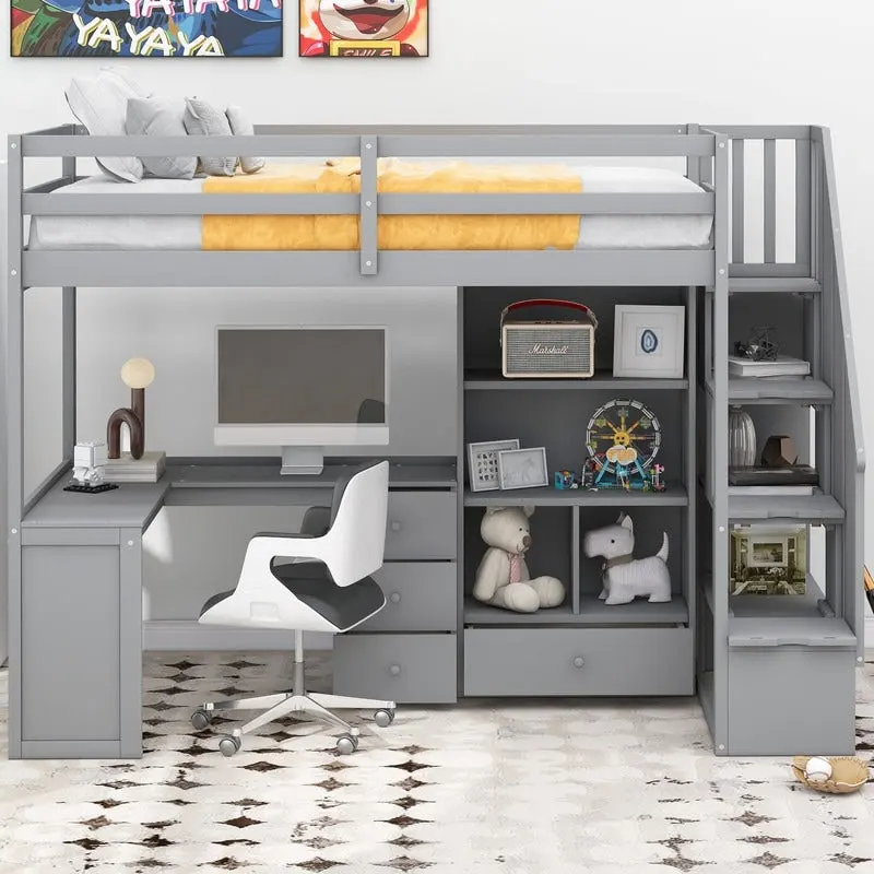 Multifunctional Wood Twin Size Loft Bed with L-Shaped Desk and Storage Staircase, Loft Bed Frame with Cabinet and Drawers