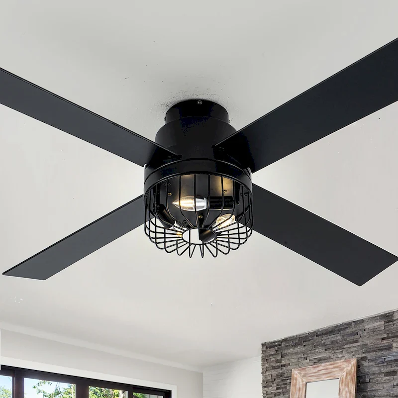 Bella Depot 52  Industrial Flush Mount Ceiling Fan, 6-Speed Reversible Motor with Dimmable Light and Remote Control