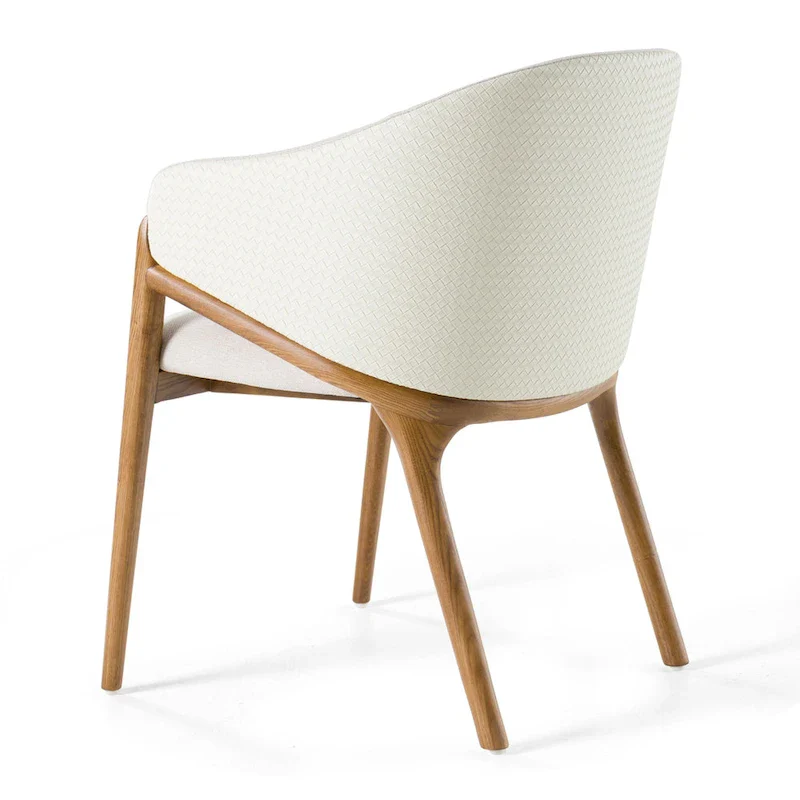 Modrest Lunde Cream Fabric, Cream Vegan Leather and Walnut Dining Arm Chair