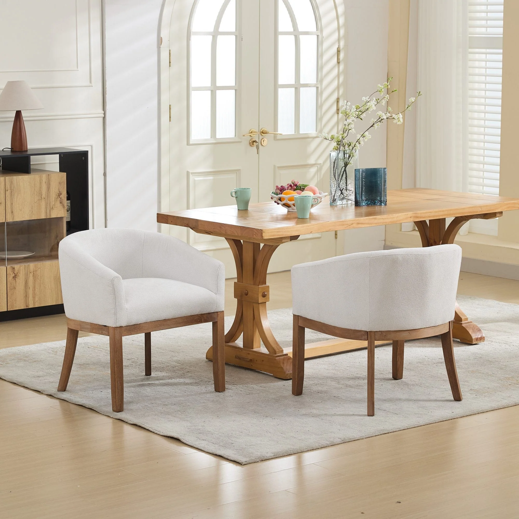 Mid Century Modern Upholstered Linen Barrel Dining Chairs