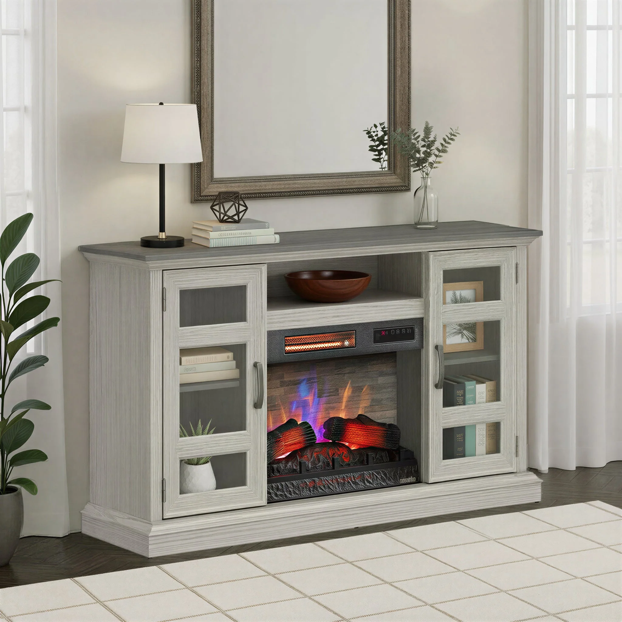 duraflame? Two Tone Wood Oak Electric Fireplace TV Stand with 3D Flames