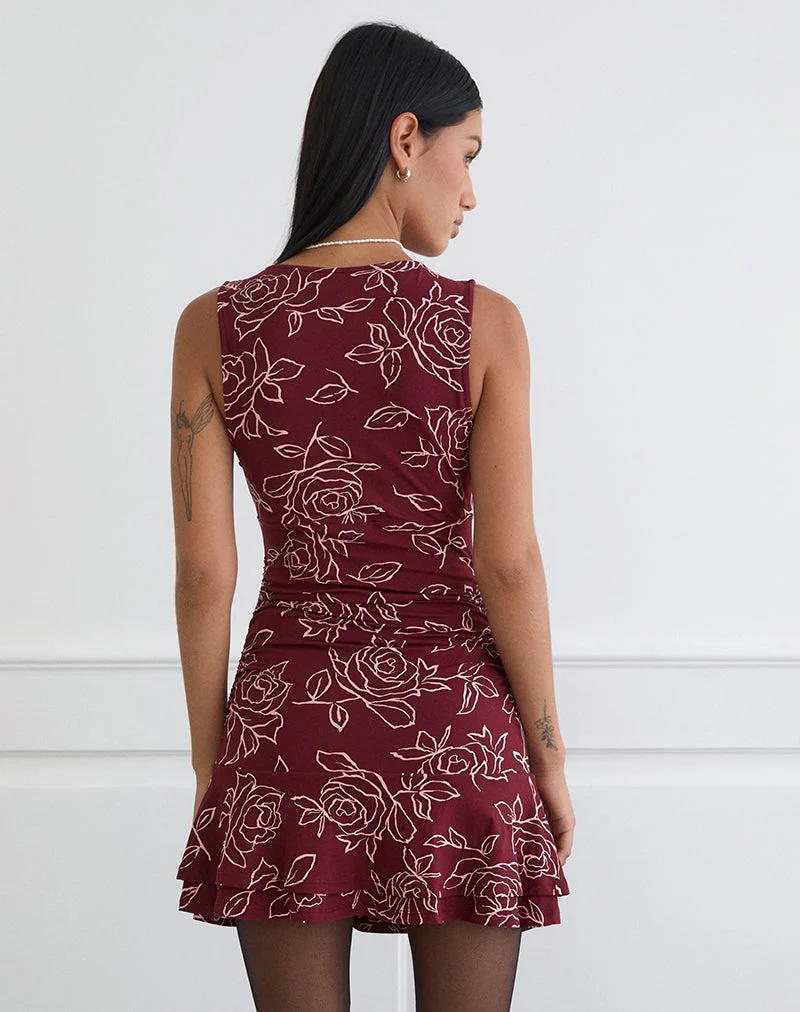 Lanai Mini Dress in Outline Rose Maroon