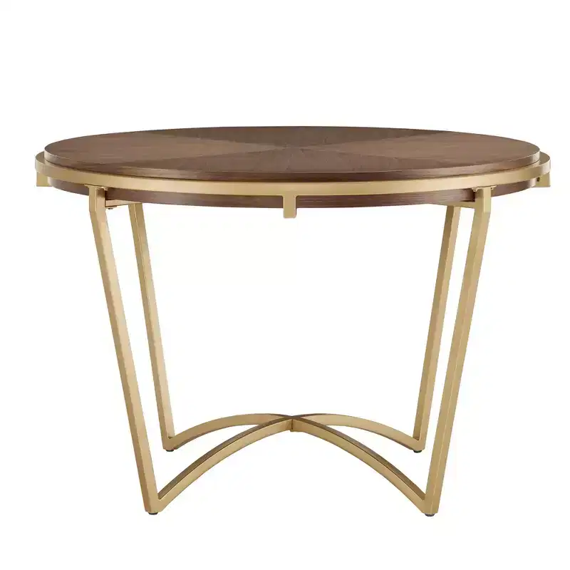 Round Brown & Gold Dining Table, 4-Leg Base, Seats 4