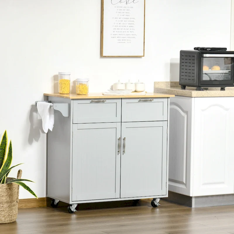 41 Modern Rolling Kitchen Island, Kitchen Storage Utility Cart Trolley with Rubberwood Top, 2 Drawers, and Towel Rack