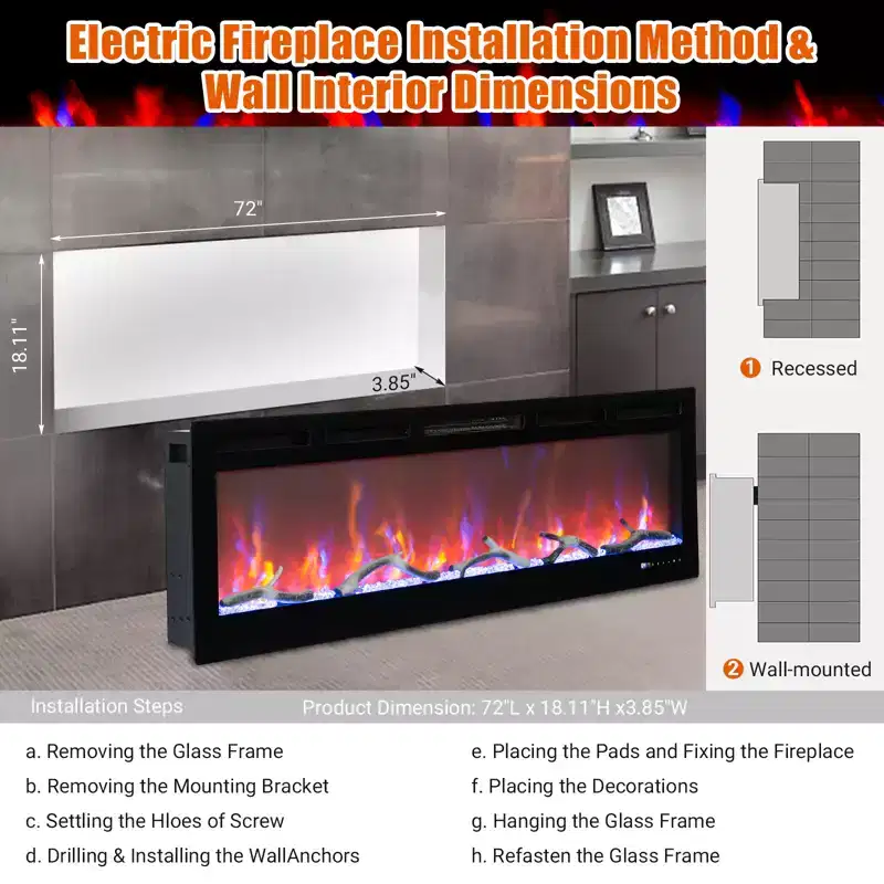 CuisinSmart 72in Electric Fireplace Wall Insert, 12 Flame Color Recessed Wall Mount Fireplace with Dual Heat 750w/1500w, Voice Control Smart Fireplace