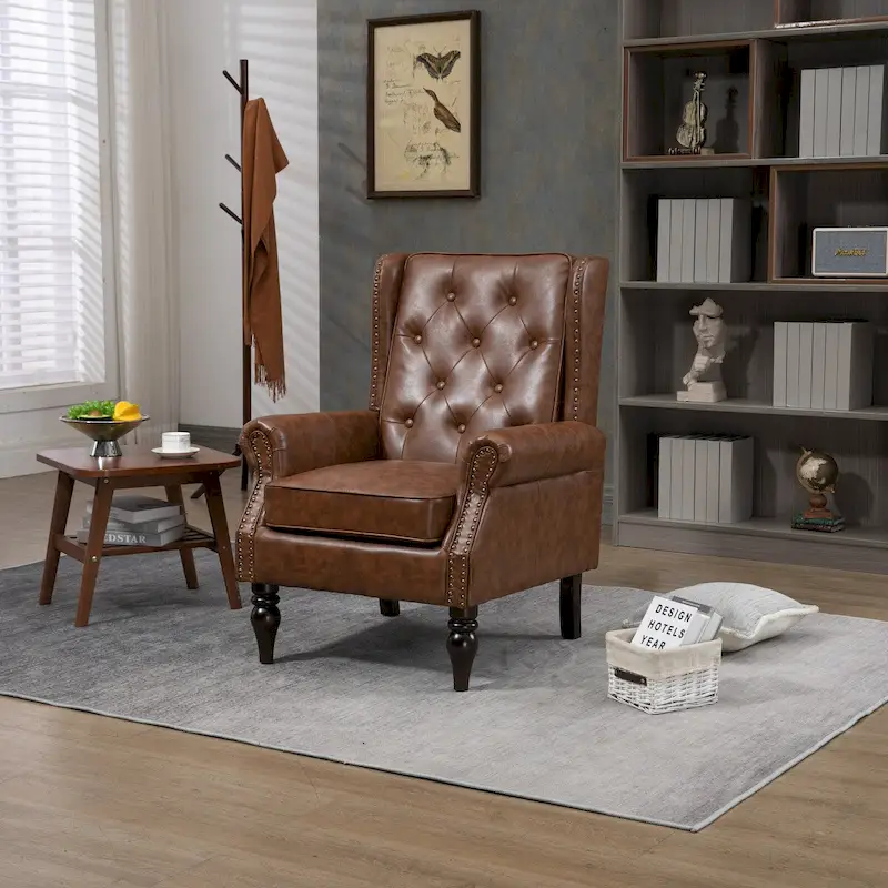 Upholstered PU Leather Accent Chair,Mid Century Button Tufted High Back Arm Chair with Armrest and Solid Wood Legs