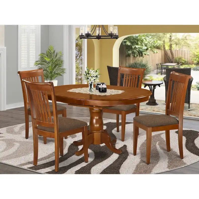 5-Piece Small Dining Set — Includes 1 Oval Dining Table And 4 Solid Wood Dining Chairs, Saddle Brown (Multiple Seat Styles Available)