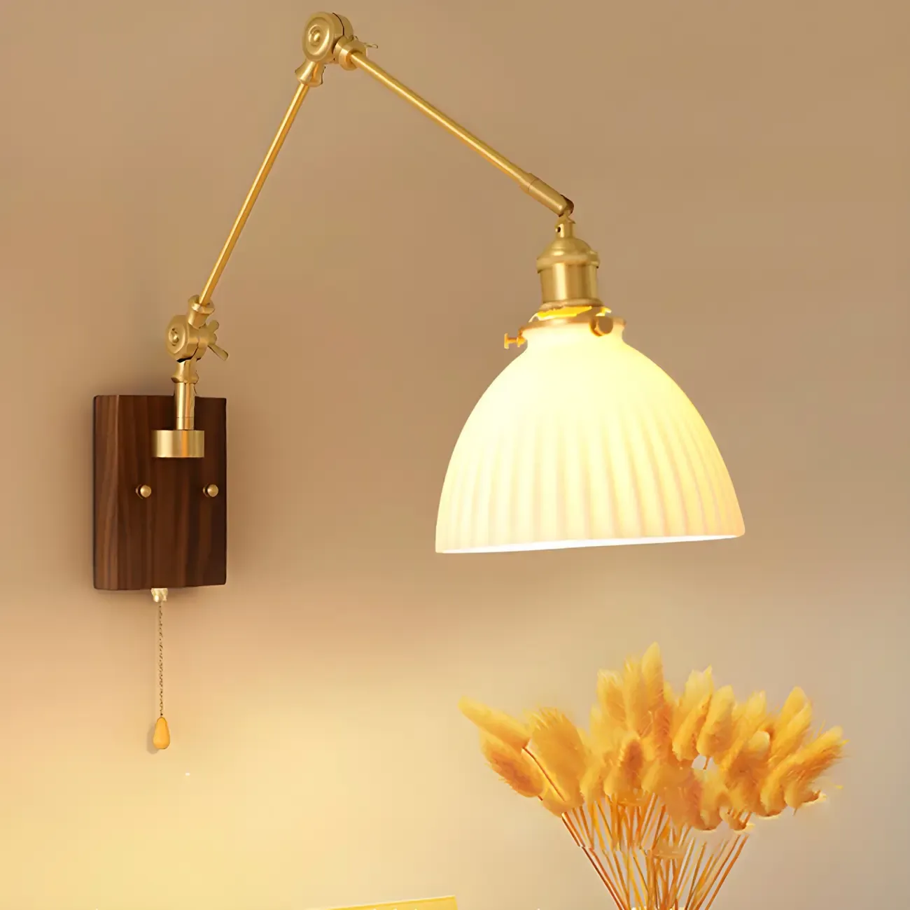 Vintage Wood Base Brass Metal Swing Arm Wall Light