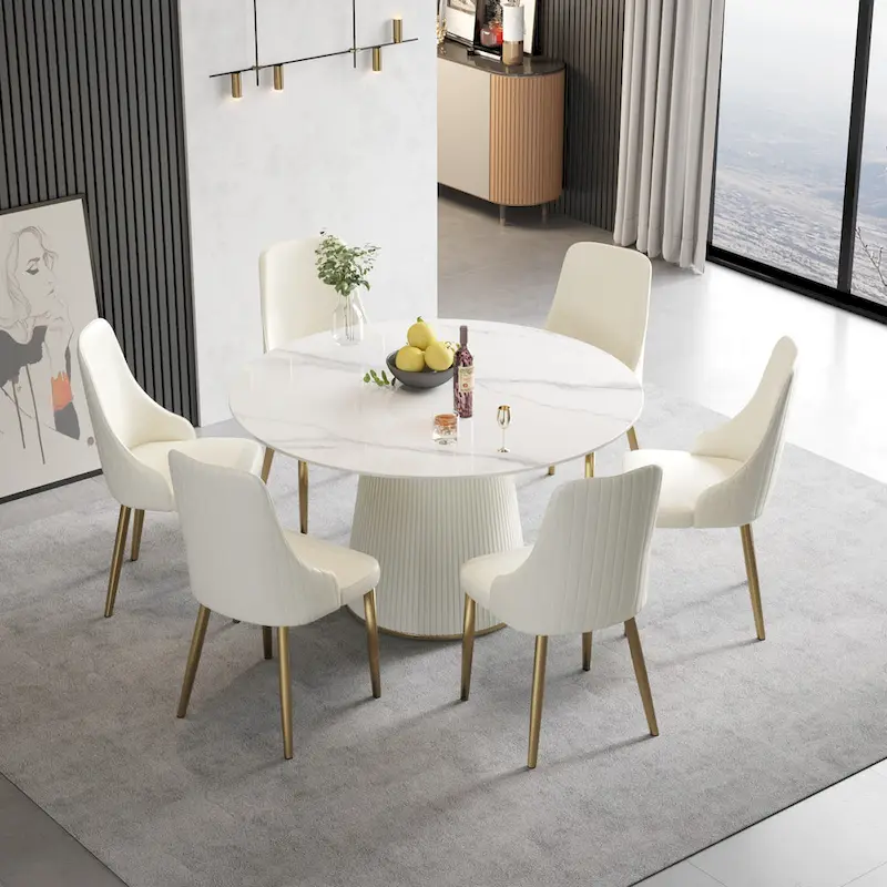 53 Round Dining Table for 6, Modern White Sintered Stone Tabletop with Lazy Susan - N/A