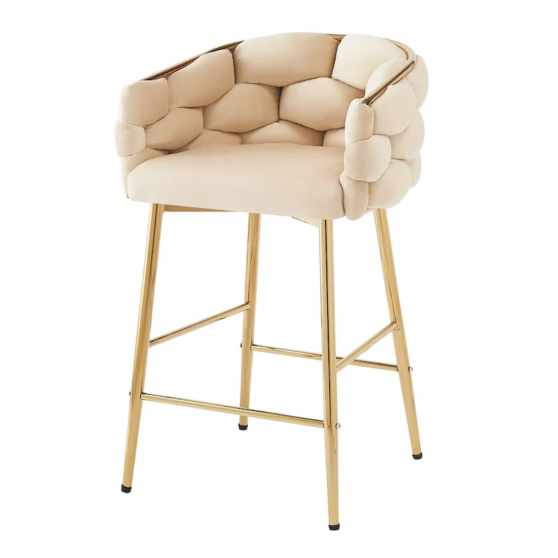 Set of 2 Bar Stools with Velvet Padded Seat and Metal Legs