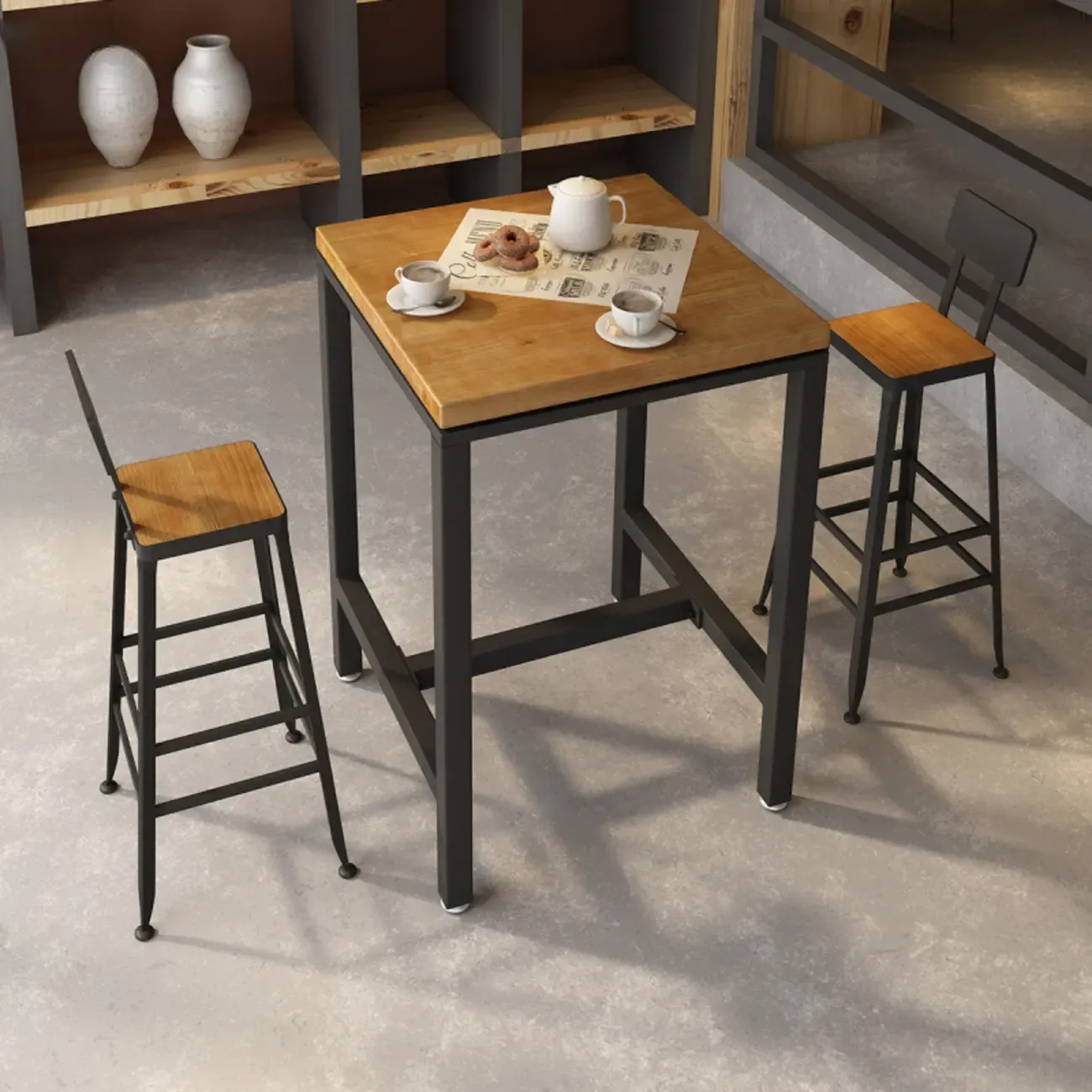 Industrial Wooden Top Bar Height Table with Footrest for Dining