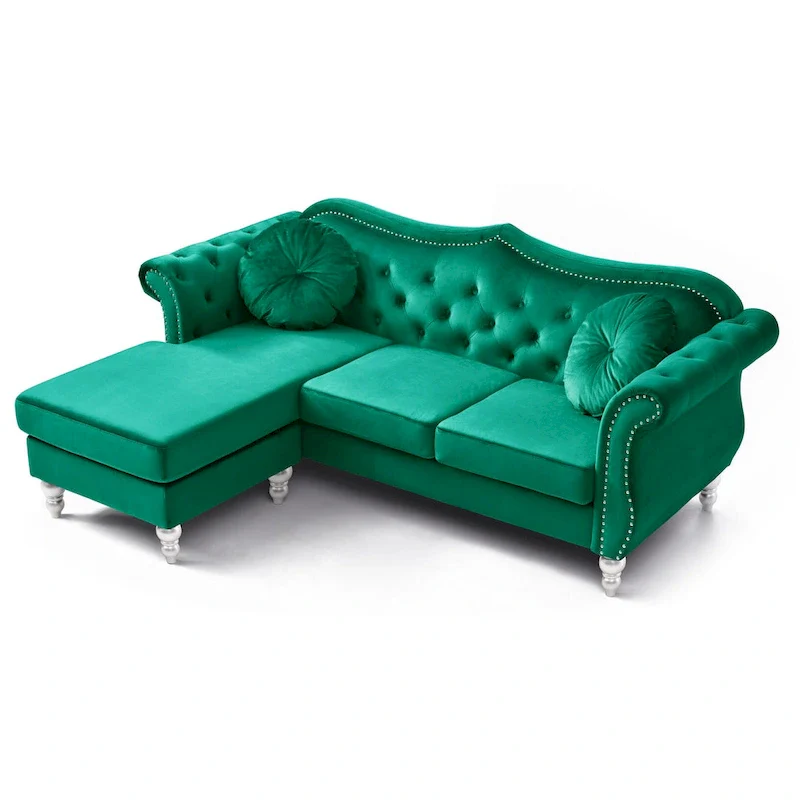 81 in. Velvet Chesterfield Sectional Sofa with 2-Throw Pillow - 81L x 35W x 34H