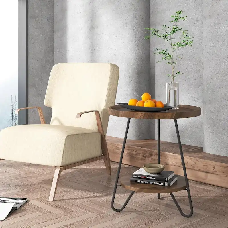 Round Side Table, Wooden End Table, 2-Tier Sofa Side Table with Metal Legs