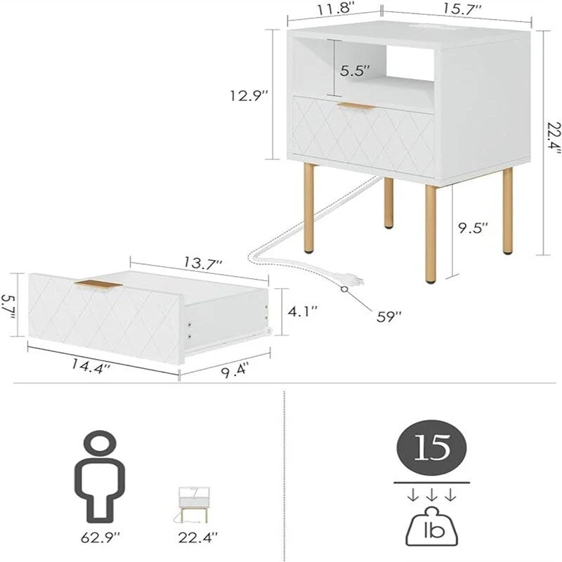 Nightstand with Charging Station - 11.81D x 15.75W x 22.05H