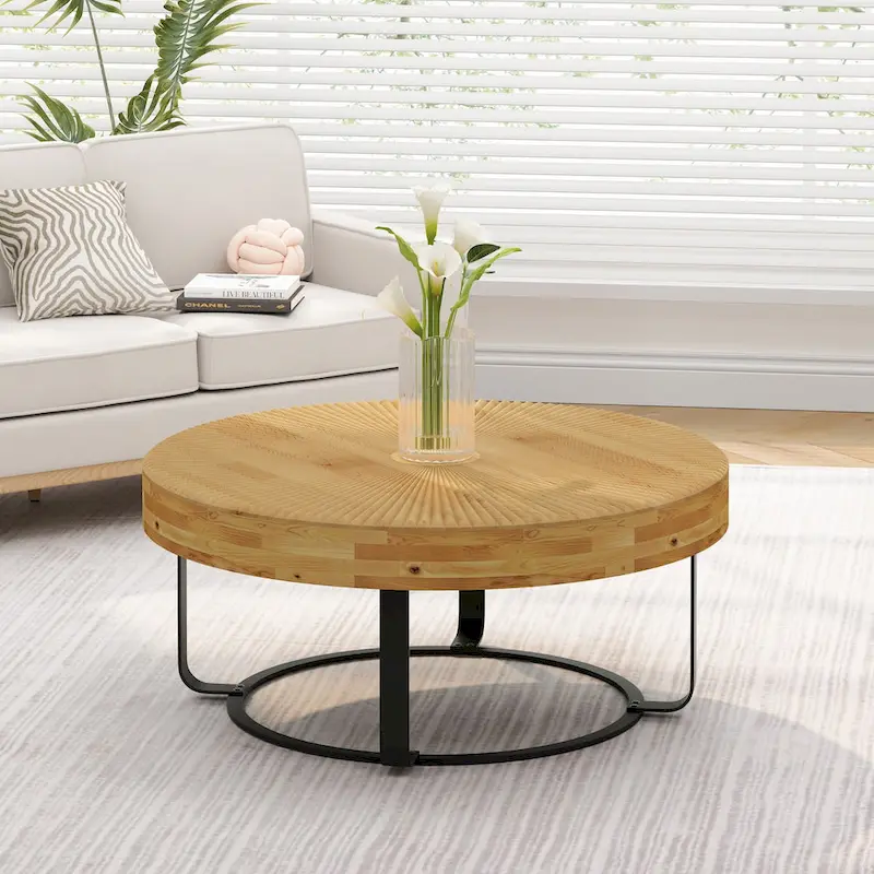 Modern Round Coffee Table Wooden Carving Pattern Coffee Table with Metal Legs