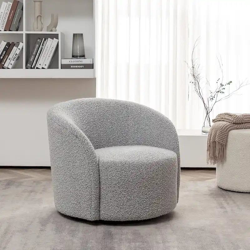 KINWELL 34 W Upholstered Boucle Swivel Barrel Accent Chair