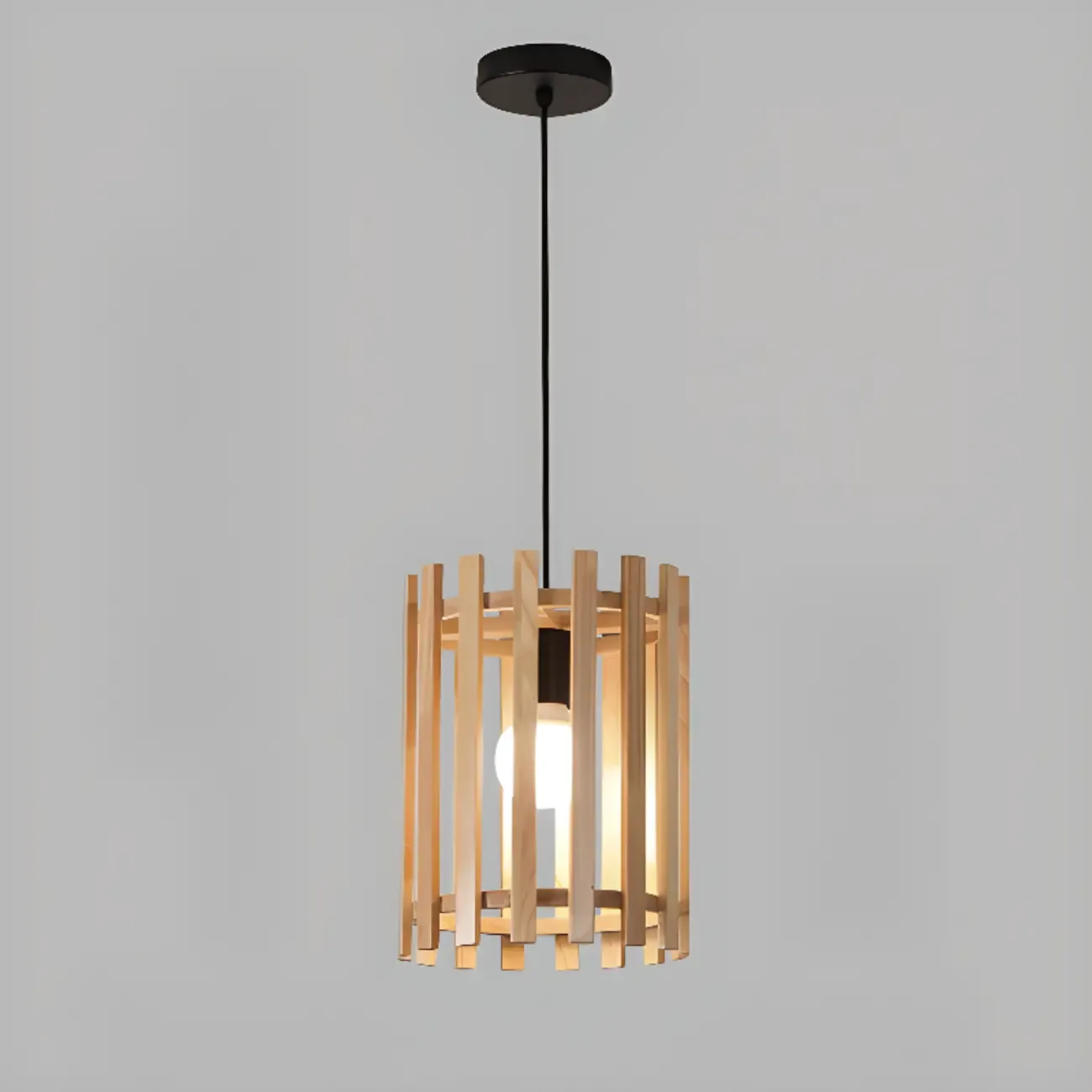 Adjustable Height Rustic Cylinder Wooden Pendant Light