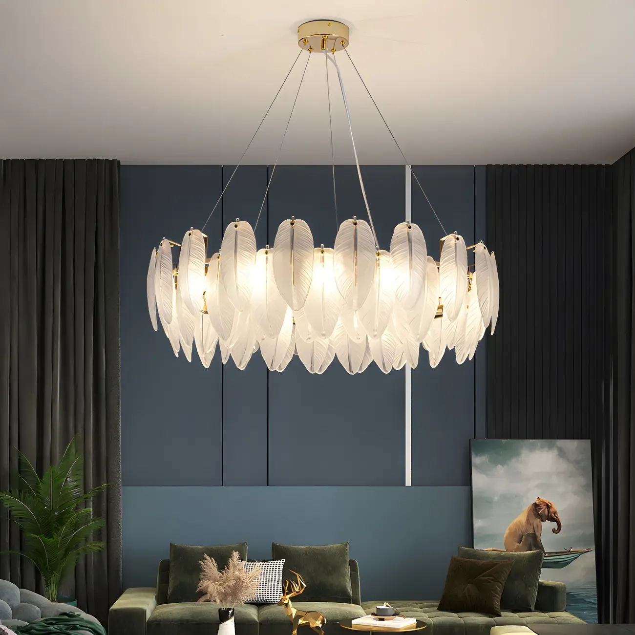 Elegant White Glass Feather Round Chandelier
