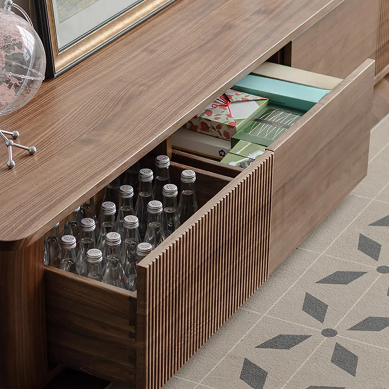 87 Mid-Century Modern Brown Wooden TV Stand with Drawers
